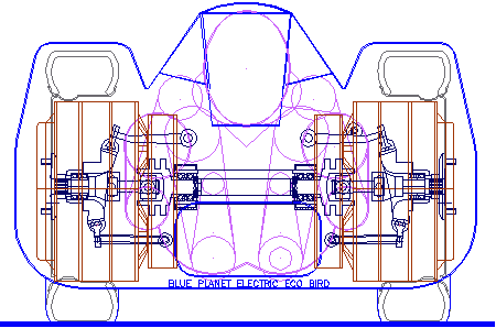 End elevation showing seating, suspension and drive motors of the Ecostar