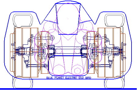 Frontal area, showing driver, motors and suspension detail, Ecostar, for a Blue Planet