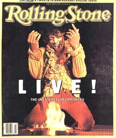 June 1987 cover of Rolling Stone magazine immortalizes Hendrix's iconic burning of his guitar at the Monterey Pop Festival twenty years prior