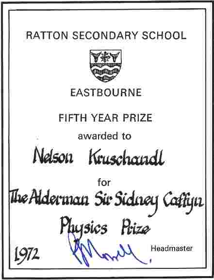 Nelson Kruschandl's school physics prize certificate