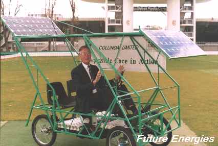 MP Michael Meacher rides a solar rickshaw