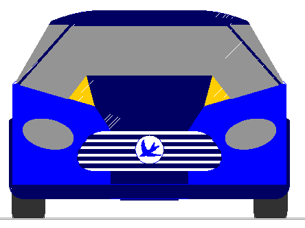 Eco car front design with radiator grille and bluebird legend