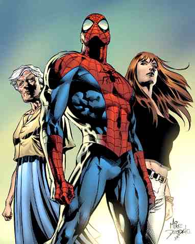 Spider-Man, his Aunt May and wife Mary Jane - Art by Mike Deodato