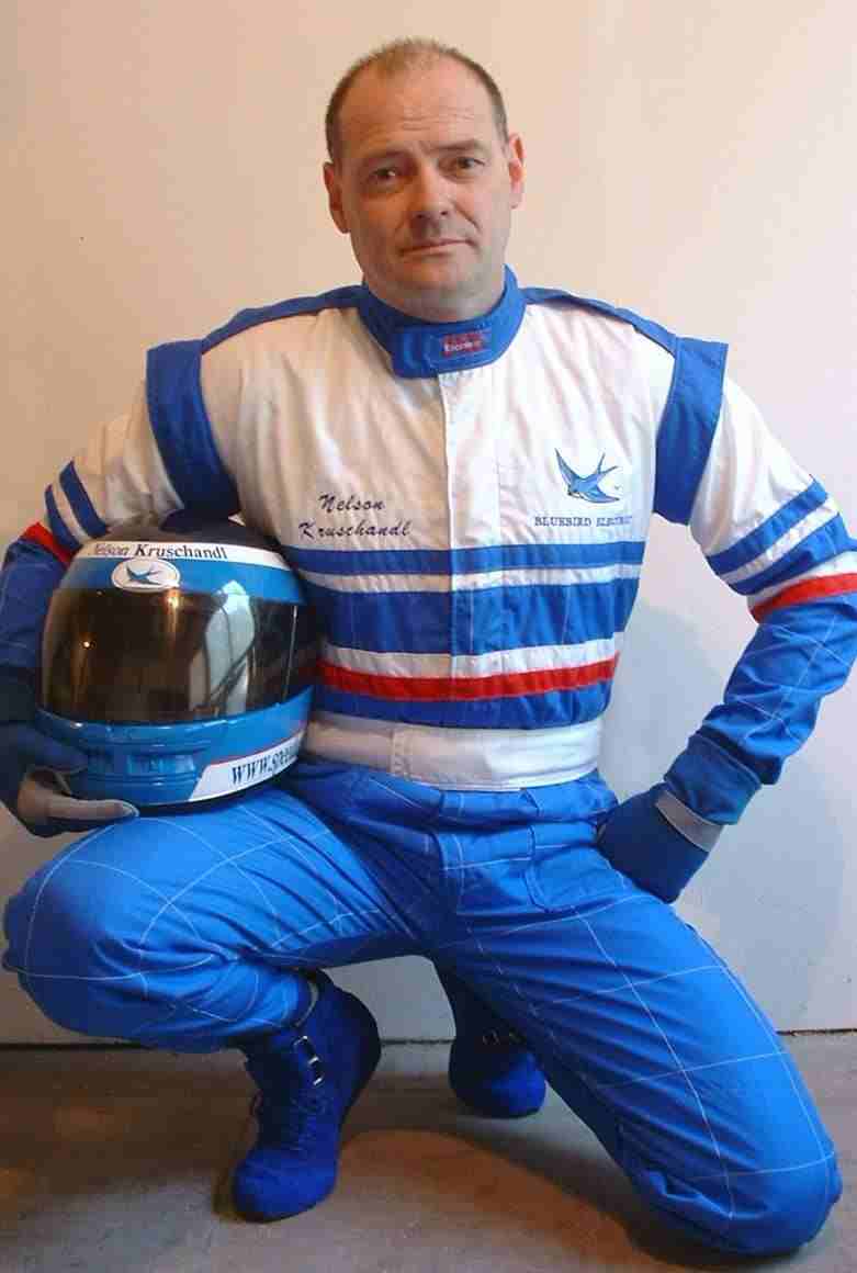 Nelson Kruschandl bluebird electric BE3 racing overalls ecostar blueplanet