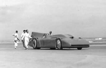 Cambell's 1935 Bluebird being pushed away on a run on Daytona beach, Florida.